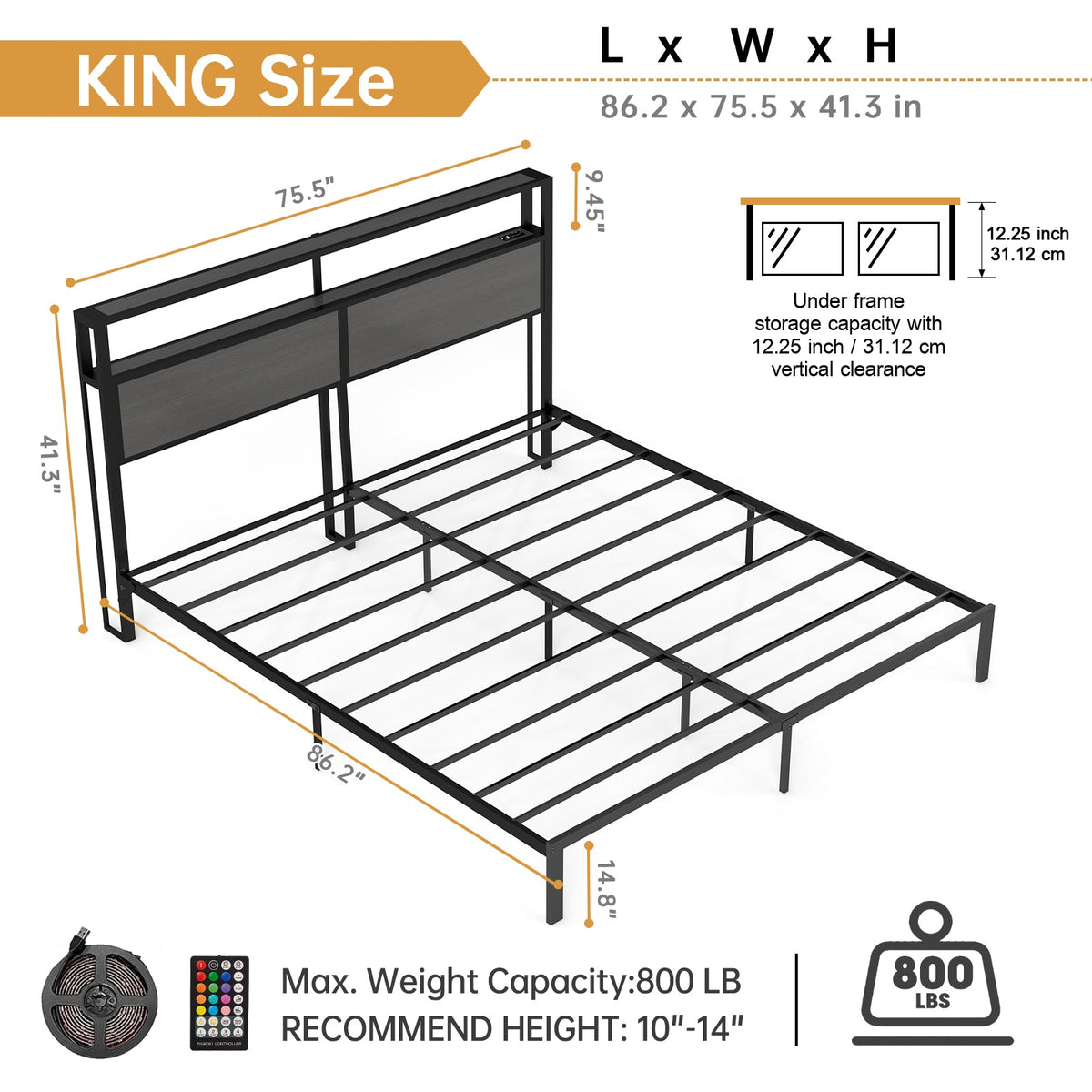 Wood-Grain Platform Bed with Storage Headboard, RGB LED Lights and Charging Station - Sonkuki
