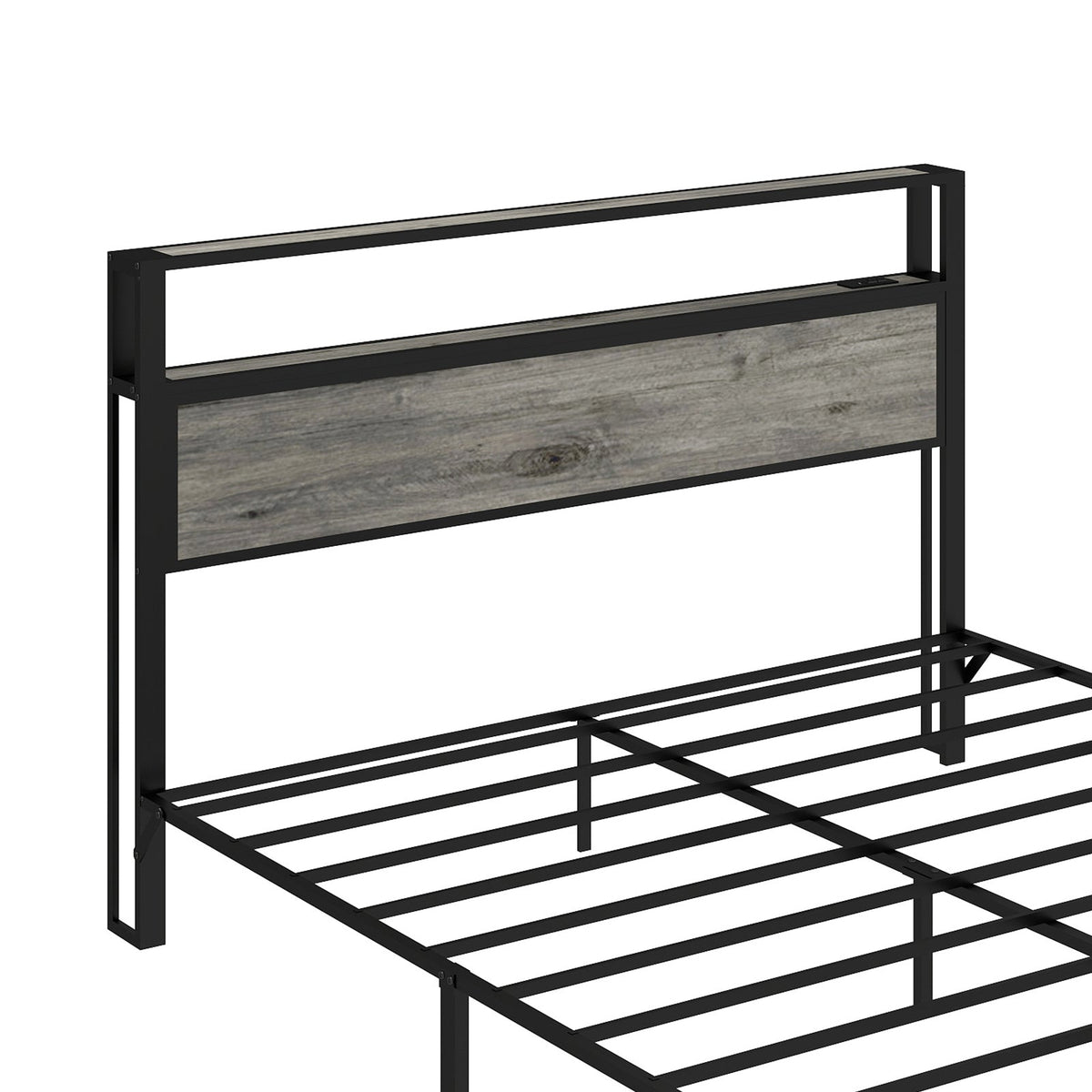 Wood-Grain Platform Bed with Storage Headboard, RGB LED Lights and Charging Station - Sonkuki