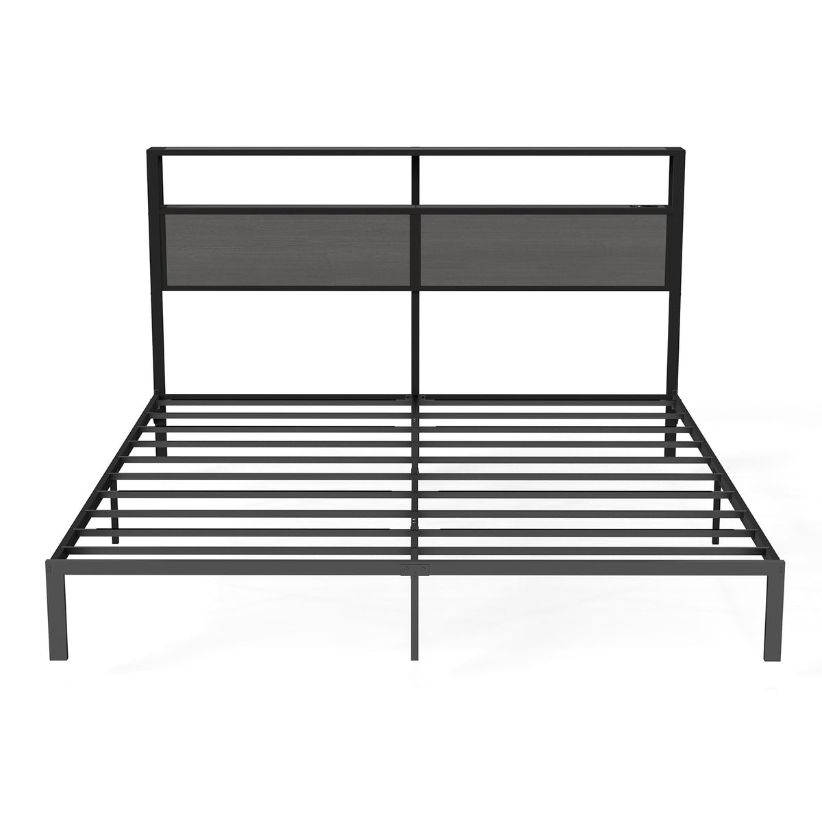 Wood-Grain Platform Bed with Storage Headboard, RGB LED Lights and Charging Station - Sonkuki