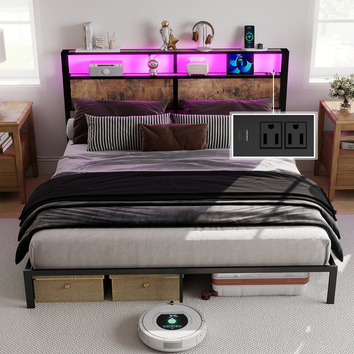 Wood-Grain Platform Bed with Storage Headboard, RGB LED Lights and Charging Station - Sonkuki