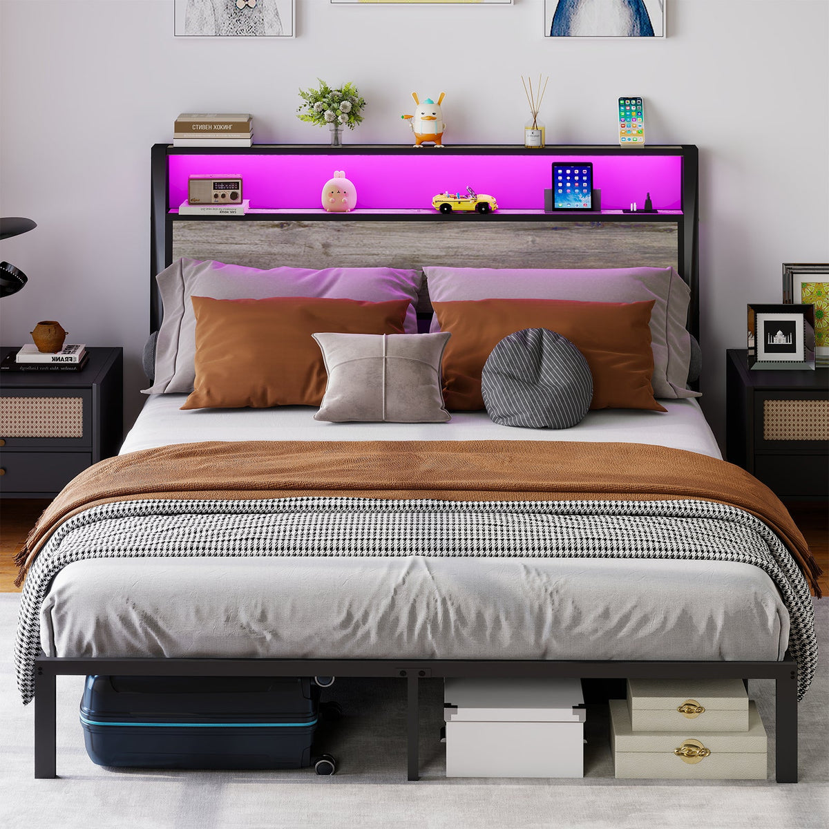 Wood-Grain Platform Bed with Storage Headboard, RGB LED Lights and Charging Station - Sonkuki