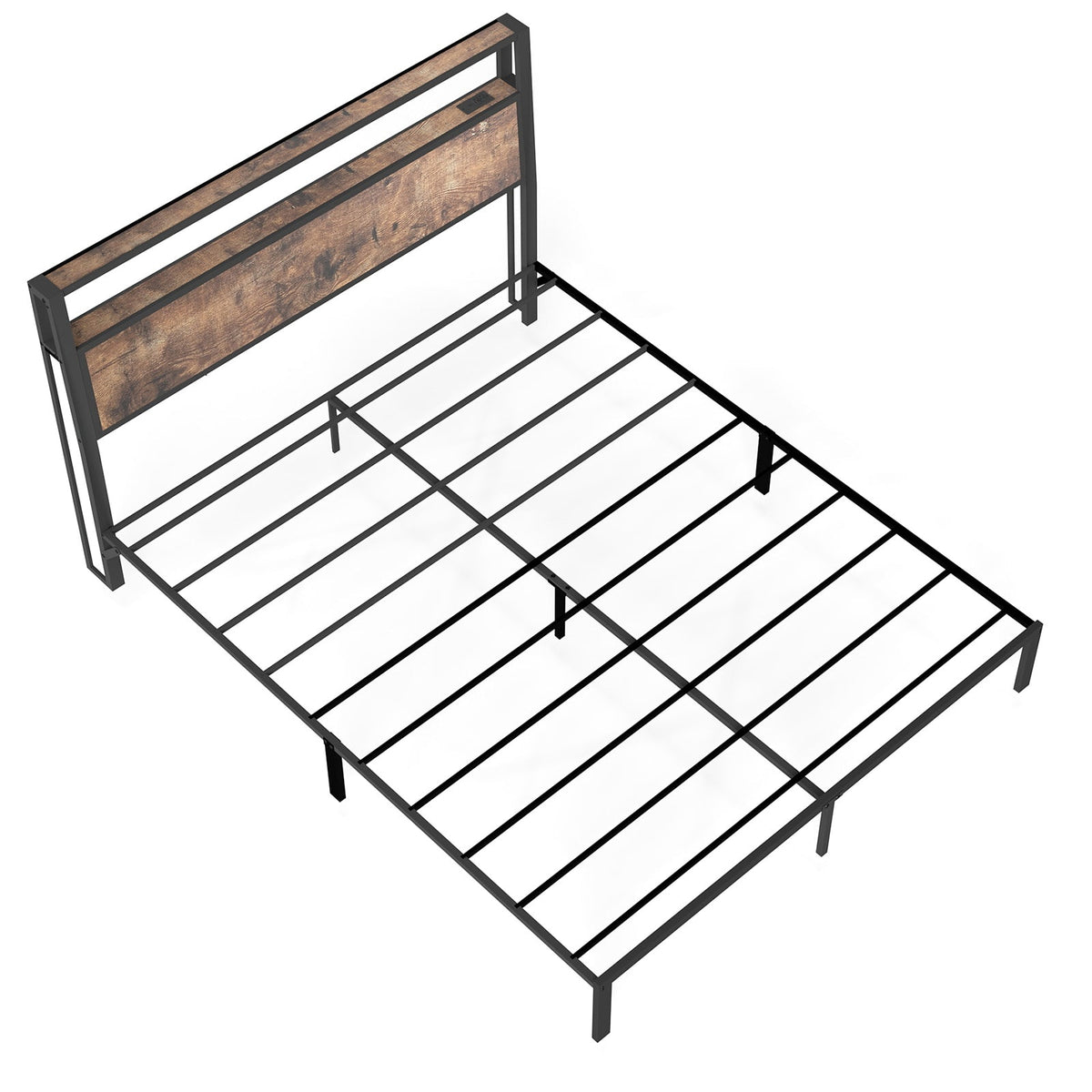 Wood-Grain Platform Bed with Storage Headboard, RGB LED Lights and Charging Station - Sonkuki