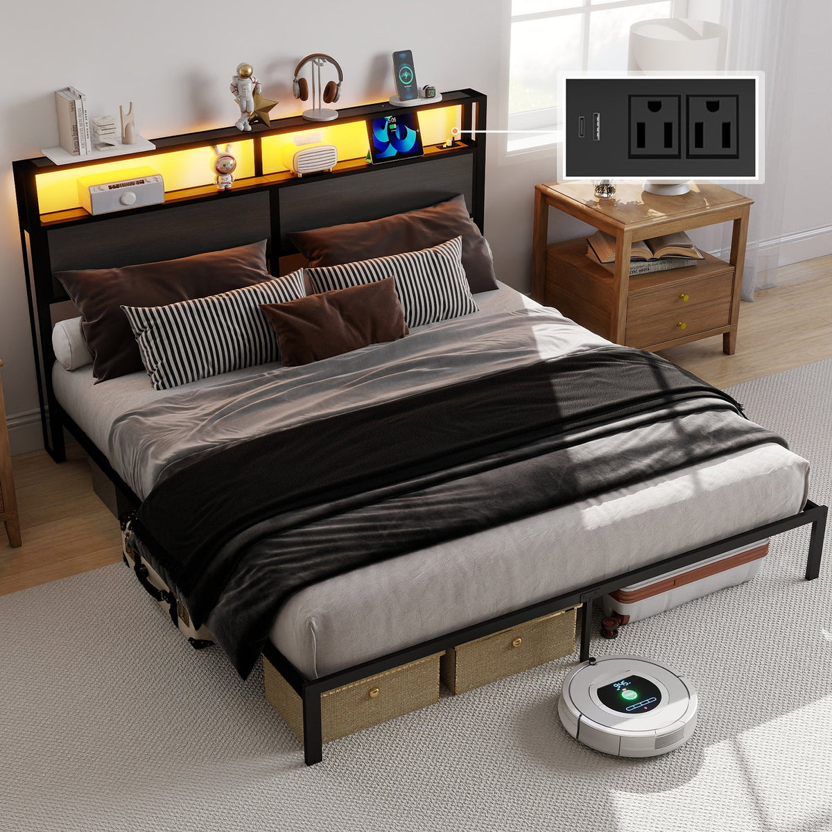 Wood-Grain Platform Bed with Storage Headboard, RGB LED Lights and Charging Station - Sonkuki