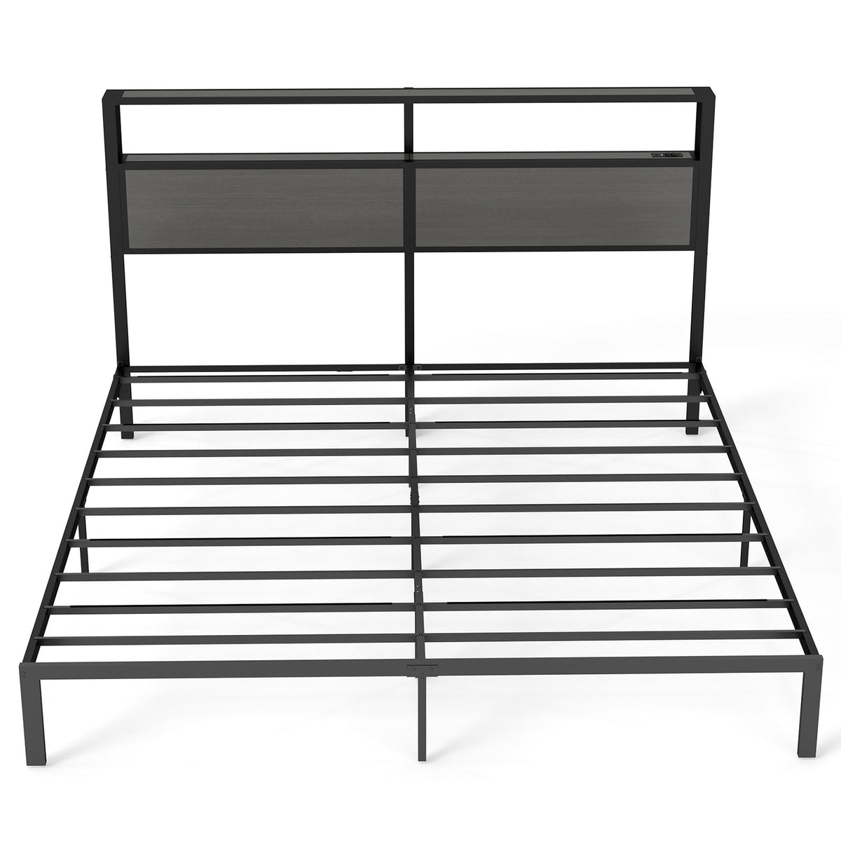 Wood-Grain Platform Bed with Storage Headboard, RGB LED Lights and Charging Station - Sonkuki