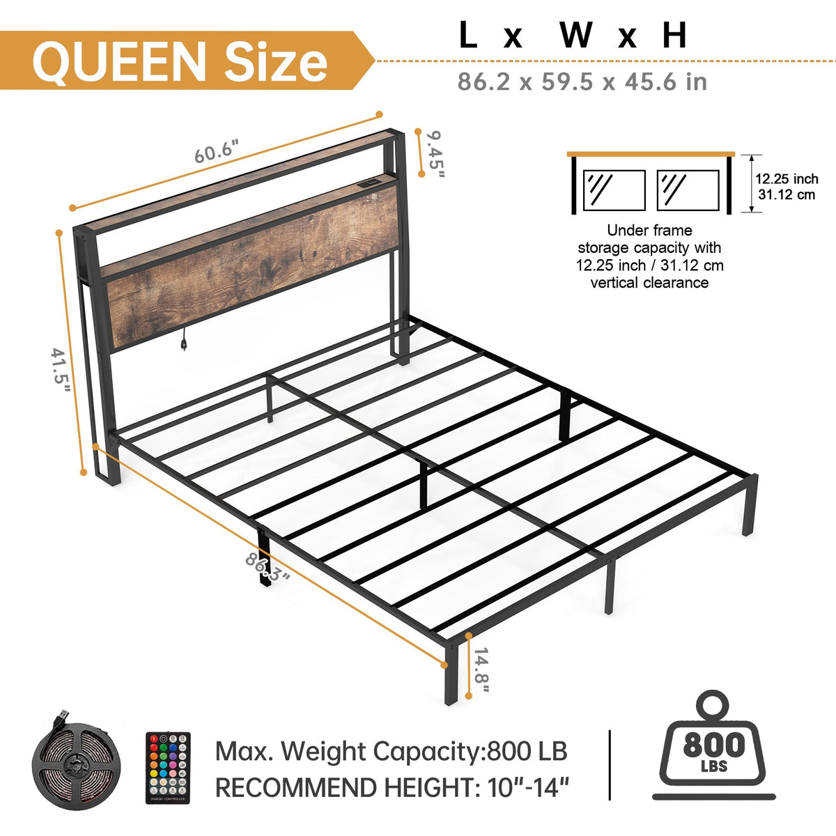 Wood-Grain Platform Bed with Storage Headboard, RGB LED Lights and Charging Station - Sonkuki