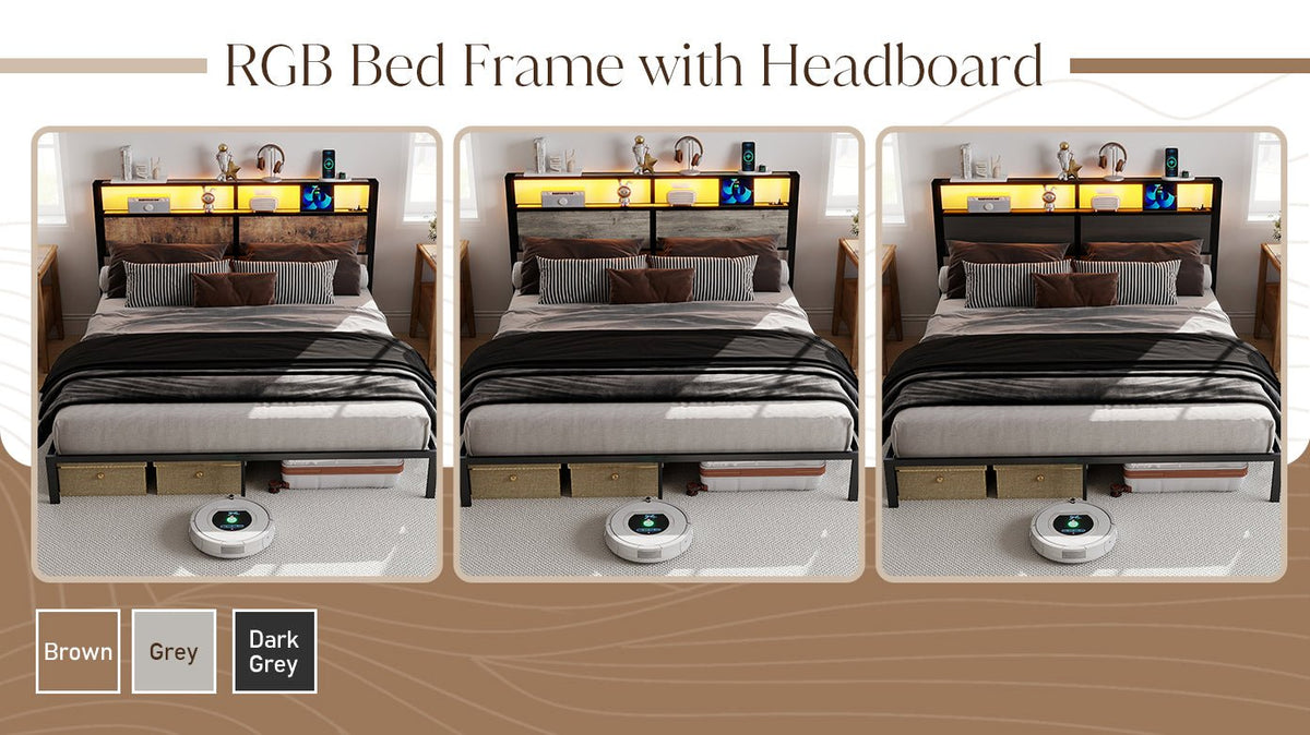 Wood-Grain Platform Bed with Storage Headboard, RGB LED Lights and Charging Station - Sonkuki
