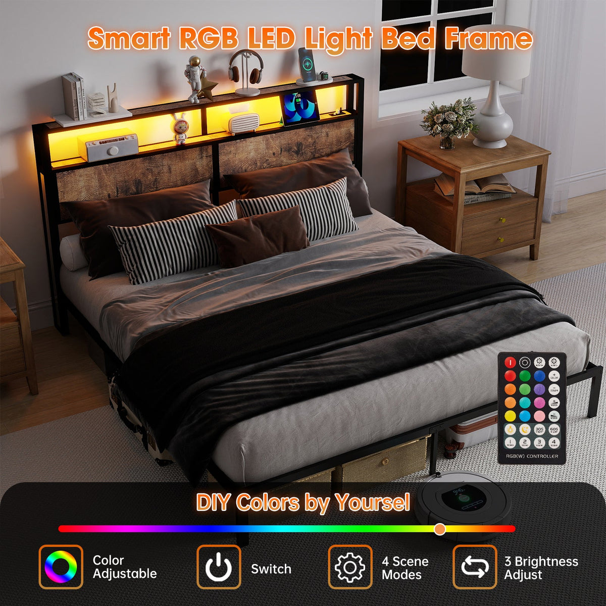 Wood-Grain Platform Bed with Storage Headboard, RGB LED Lights and Charging Station - Sonkuki