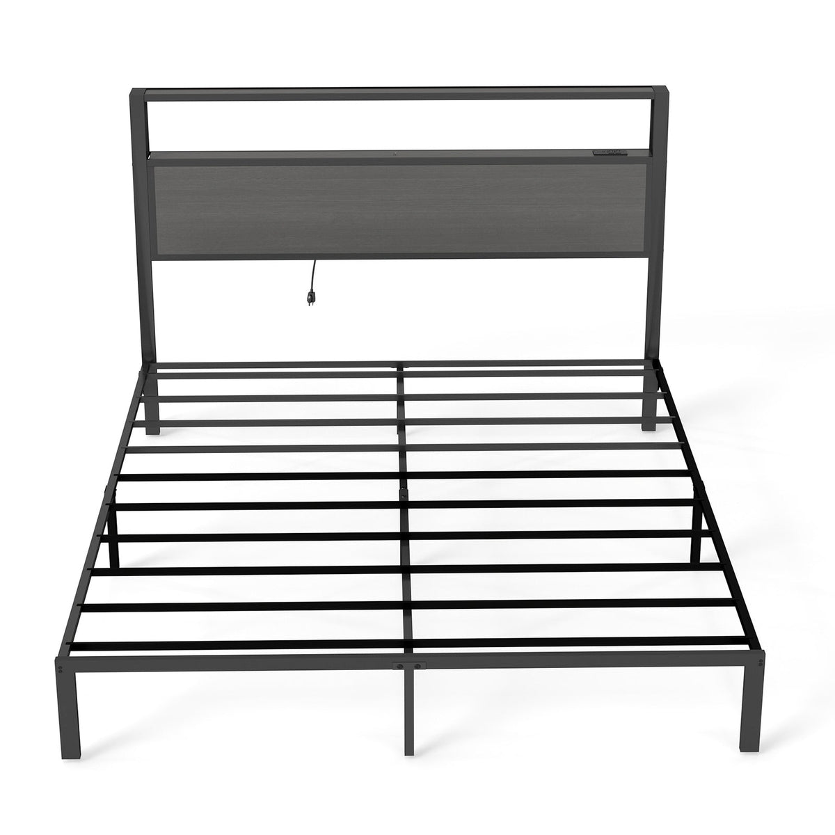 Wood-Grain Platform Bed with Storage Headboard, RGB LED Lights and Charging Station - Sonkuki