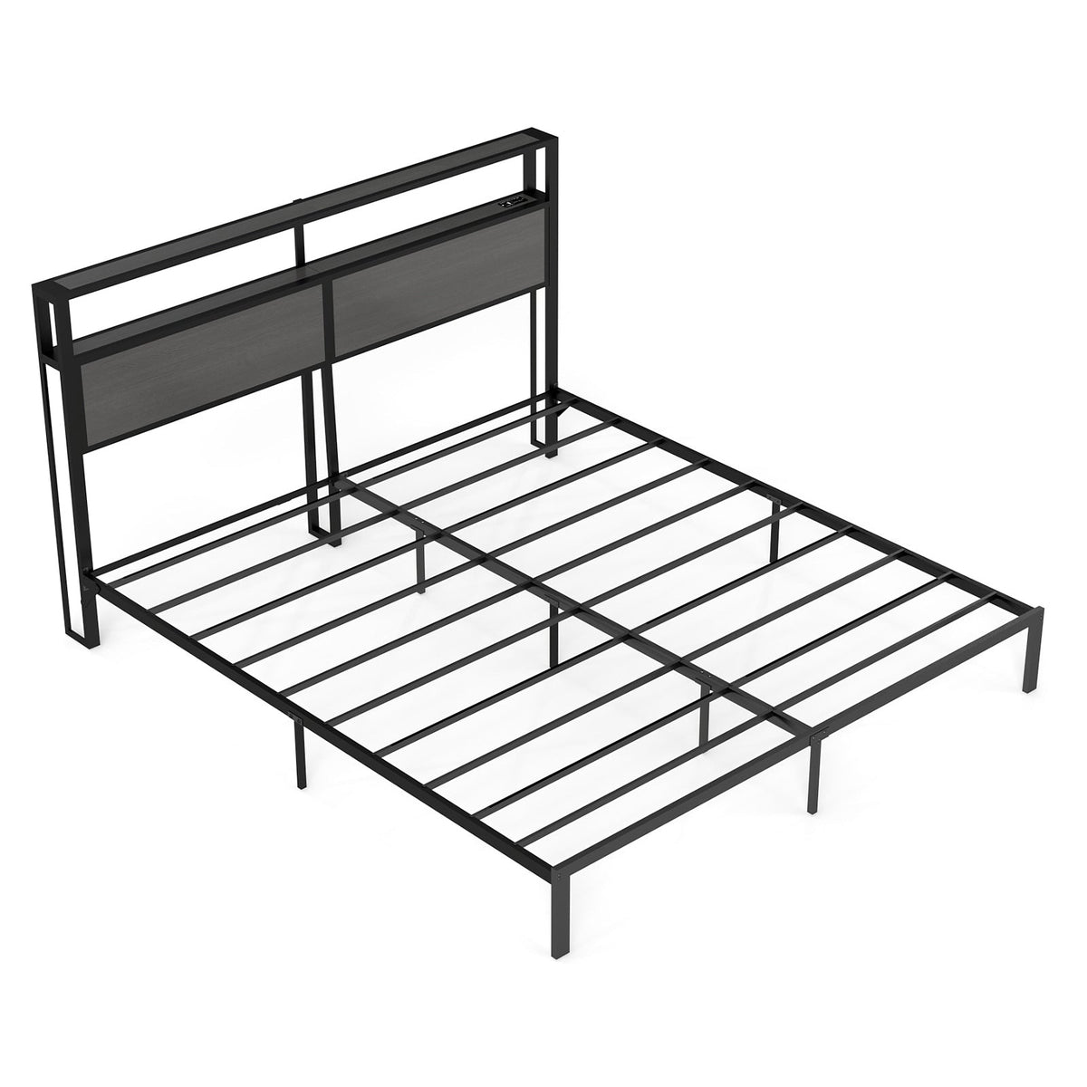 Wood-Grain Platform Bed with Storage Headboard, RGB LED Lights and Charging Station - Sonkuki