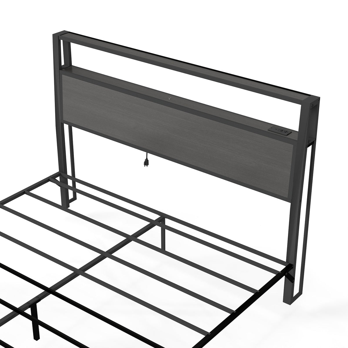Wood-Grain Platform Bed with Storage Headboard, RGB LED Lights and Charging Station - Sonkuki