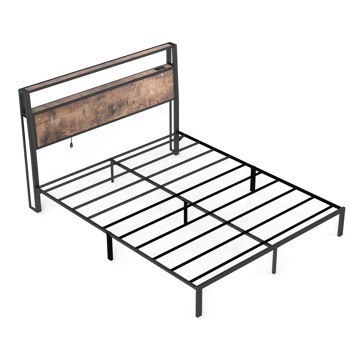 Wood-Grain Platform Bed with Storage Headboard, RGB LED Lights and Charging Station - Sonkuki