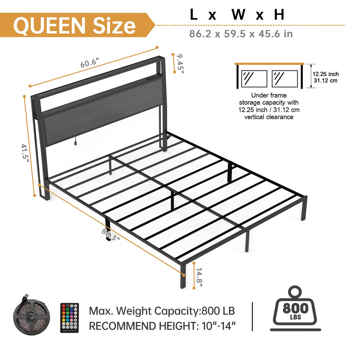 Wood-Grain Platform Bed with Storage Headboard, RGB LED Lights and Charging Station - Sonkuki