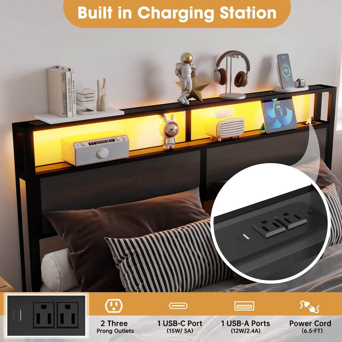 Wood-Grain Platform Bed with Storage Headboard, RGB LED Lights and Charging Station - Sonkuki