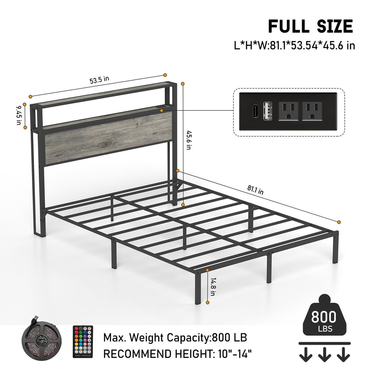 Wood-Grain Platform Bed with Storage Headboard, RGB LED Lights and Charging Station - Sonkuki