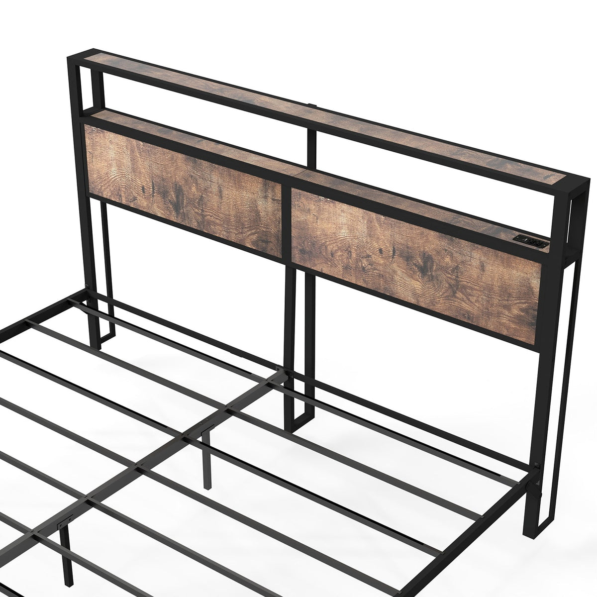 Wood-Grain Platform Bed with Storage Headboard, RGB LED Lights and Charging Station - Sonkuki