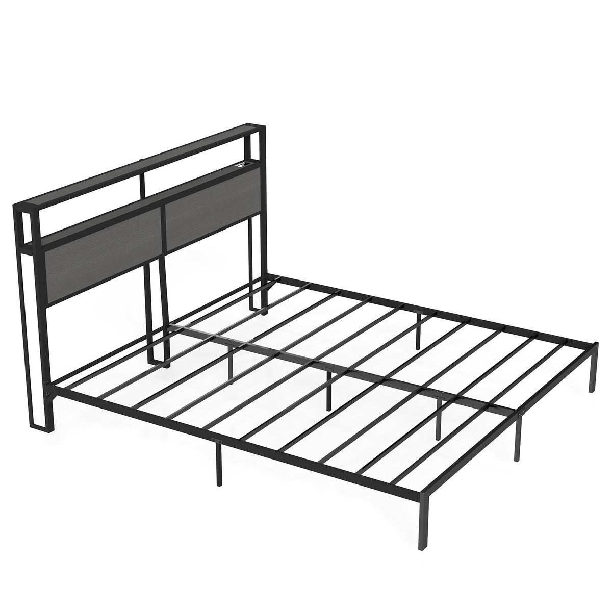 Wood-Grain Platform Bed with Storage Headboard, RGB LED Lights and Charging Station - Sonkuki