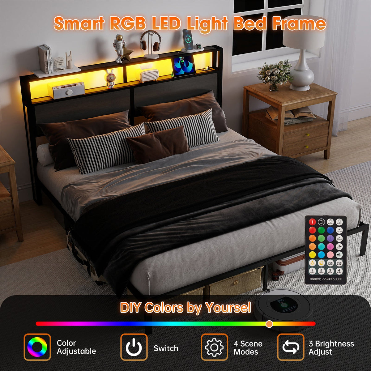 Wood-Grain Platform Bed with Storage Headboard, RGB LED Lights and Charging Station - Sonkuki