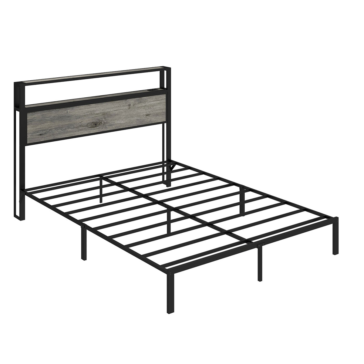 Wood-Grain Platform Bed with Storage Headboard, RGB LED Lights and Charging Station - Sonkuki