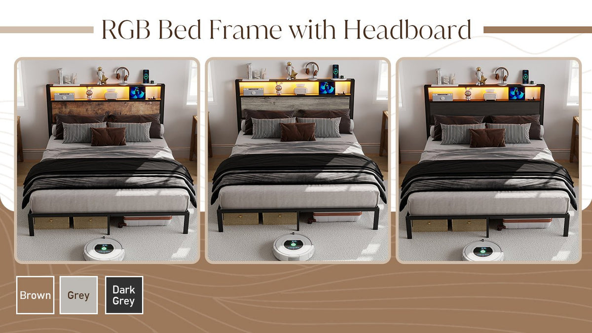 Wood-Grain Platform Bed with Storage Headboard, RGB LED Lights and Charging Station - Sonkuki