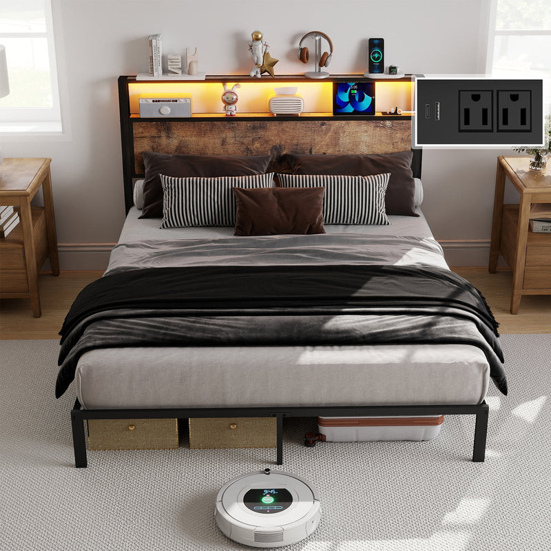 Wood-Grain Platform Bed with Storage Headboard, RGB LED Lights and Charging Station - Sonkuki
