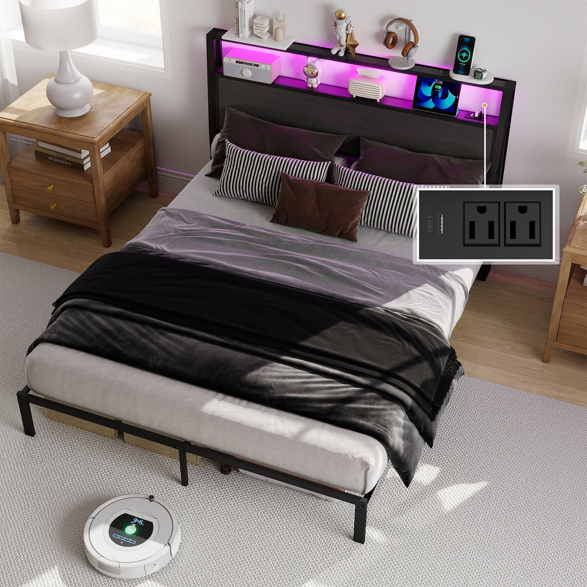 Wood-Grain Platform Bed with Storage Headboard, RGB LED Lights and Charging Station - Sonkuki