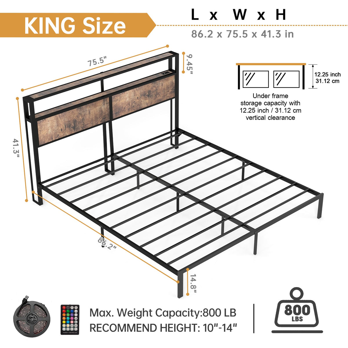 Wood-Grain Platform Bed with Storage Headboard, RGB LED Lights and Charging Station - Sonkuki