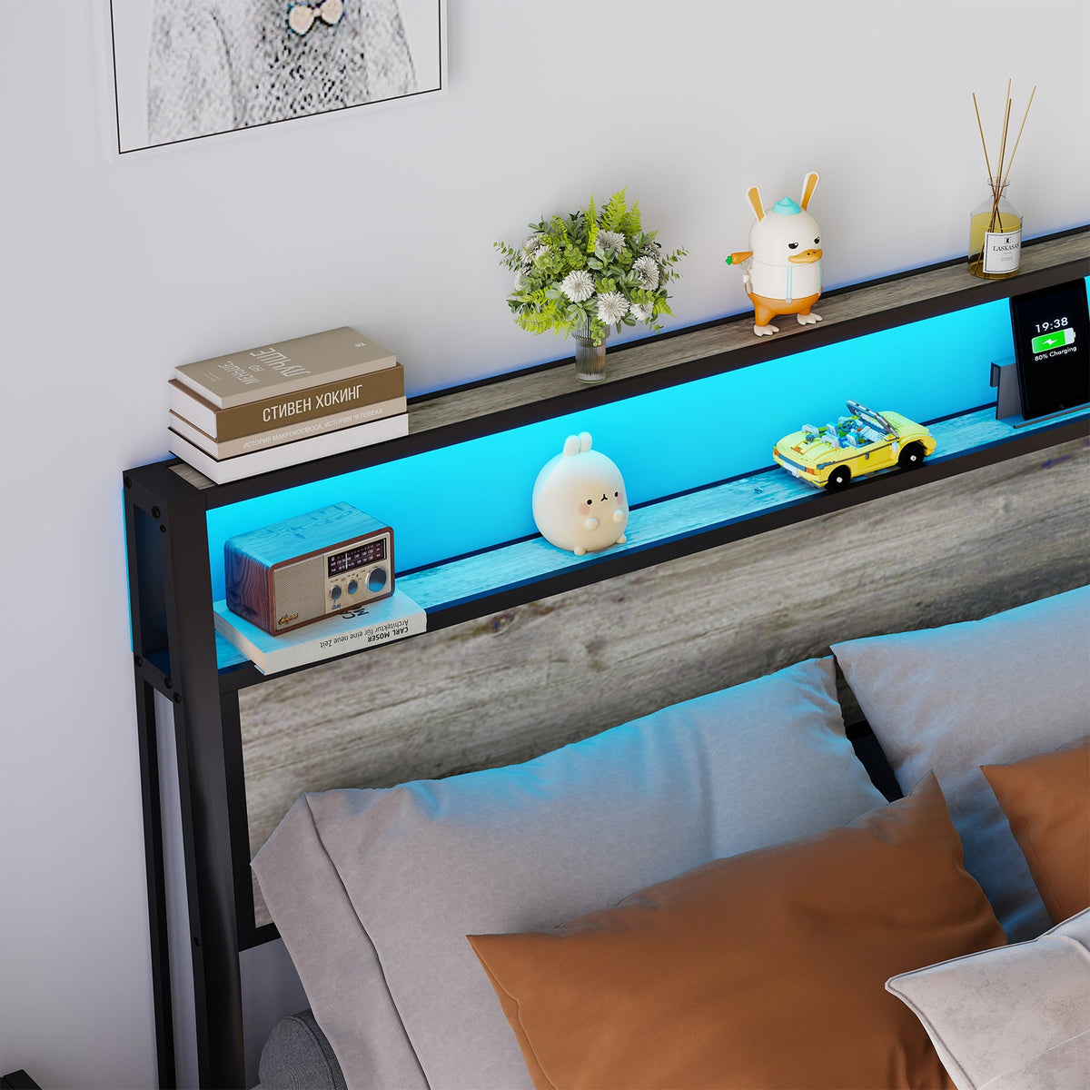 Wood-Grain Platform Bed with Storage Headboard, RGB LED Lights and Charging Station - Sonkuki