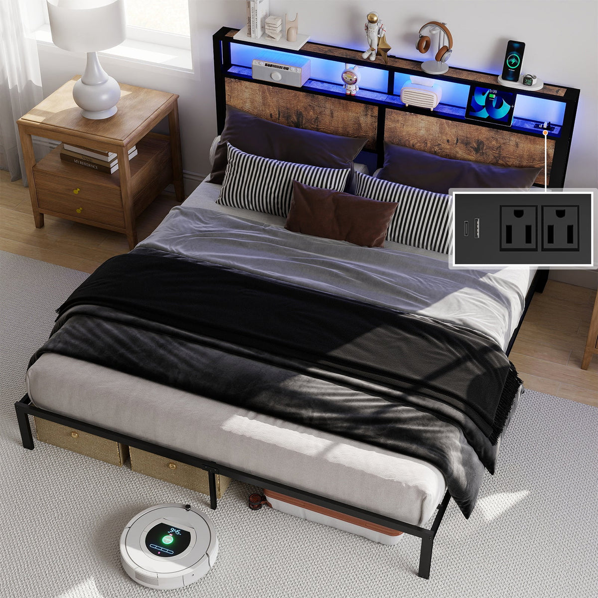 Wood-Grain Platform Bed with Storage Headboard, RGB LED Lights and Charging Station - Sonkuki
