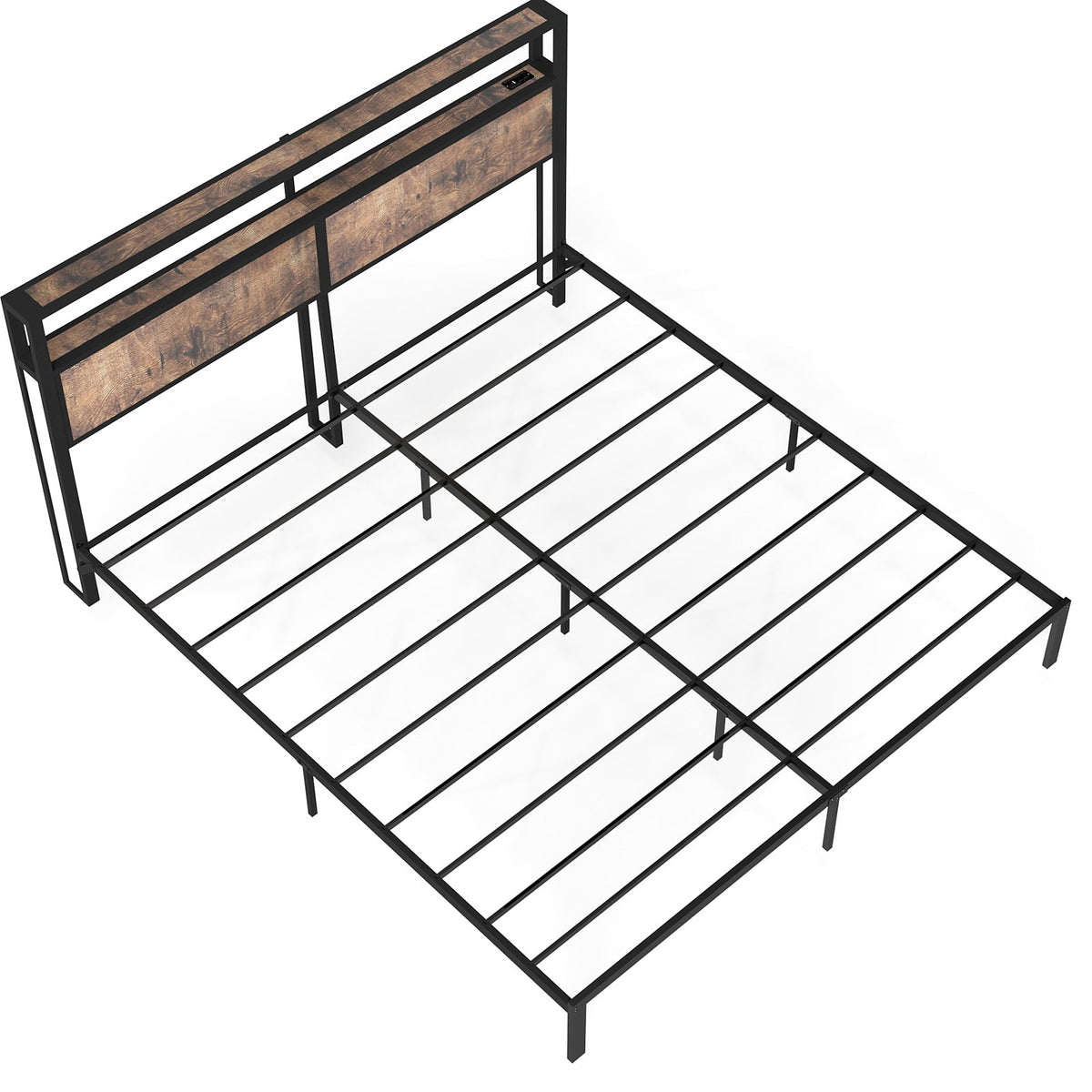Wood-Grain Platform Bed with Storage Headboard, RGB LED Lights and Charging Station - Sonkuki