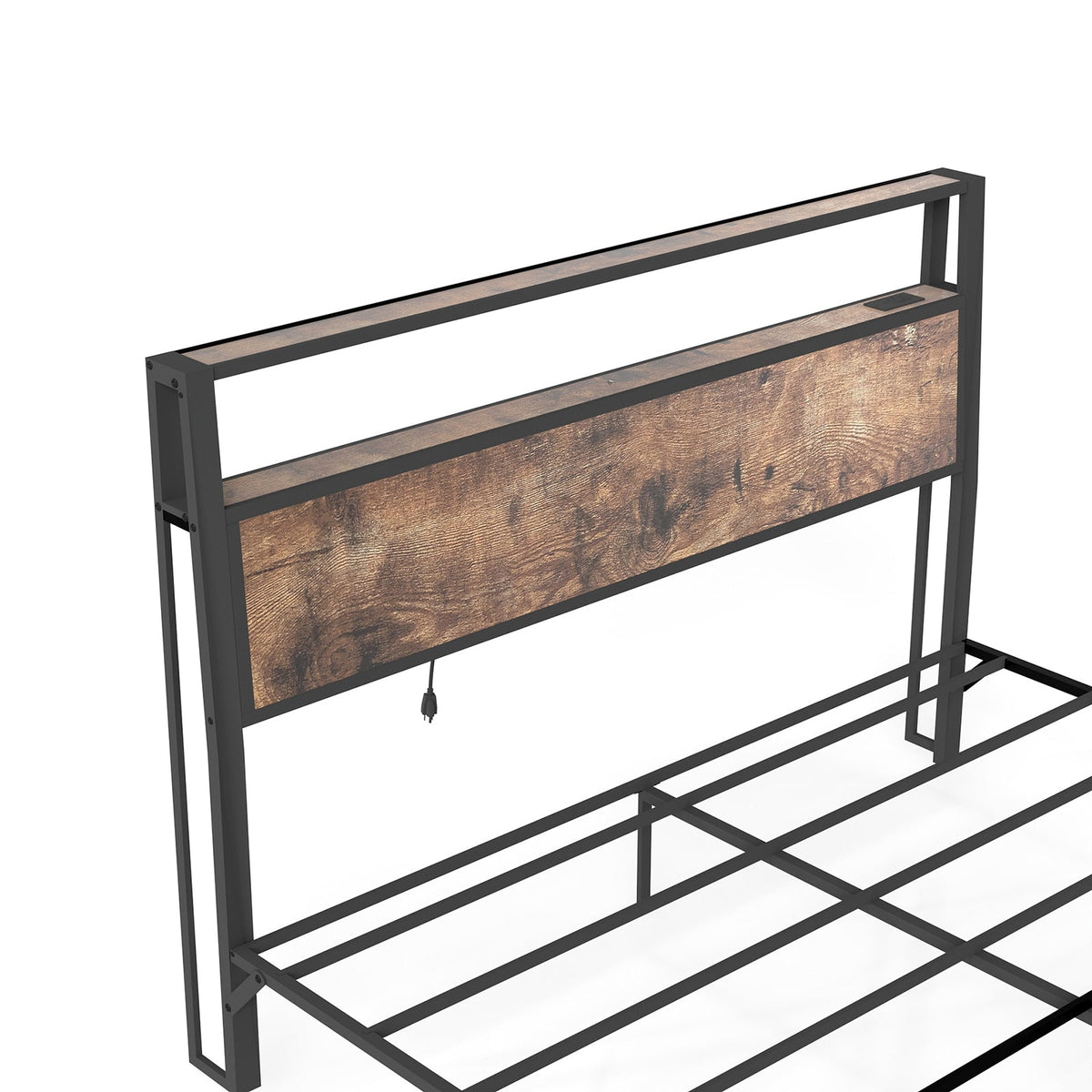 Wood-Grain Platform Bed with Storage Headboard, RGB LED Lights and Charging Station - Sonkuki