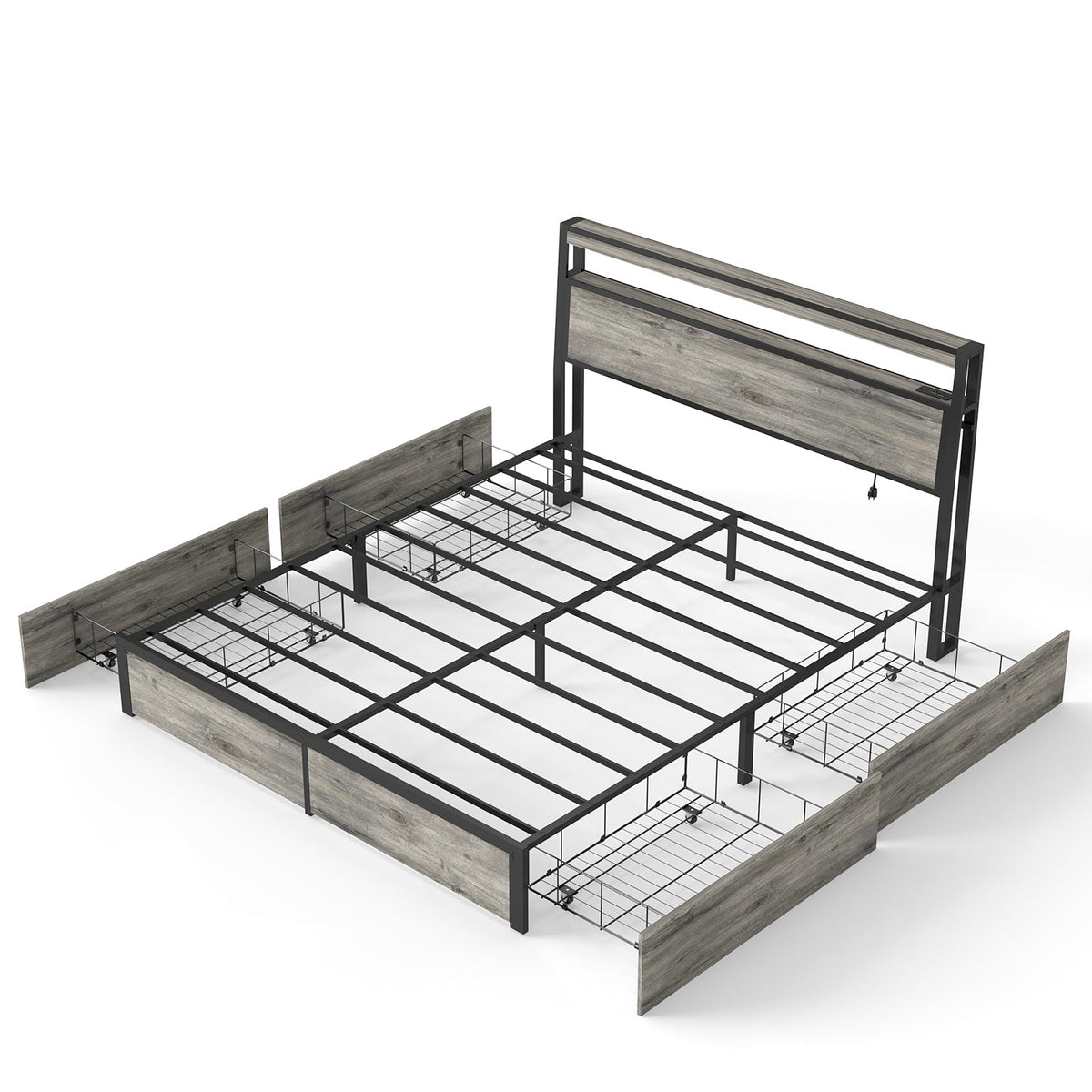 Wood-Grain Platform Storage Bed with Four Drawers, RGB LED Lights and Charging Station - Sonkuki