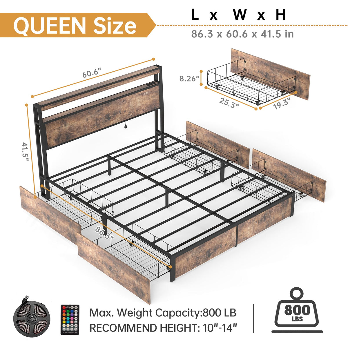 Wood-Grain Platform Storage Bed with Four Drawers, RGB LED Lights and Charging Station - Sonkuki