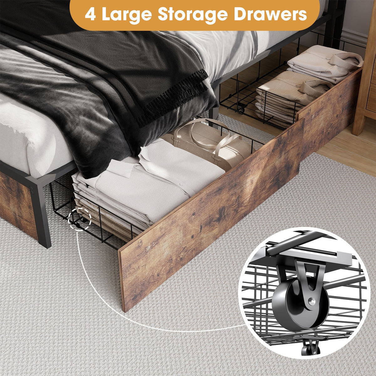 Wood-Grain Platform Storage Bed with Four Drawers, RGB LED Lights and Charging Station - Sonkuki