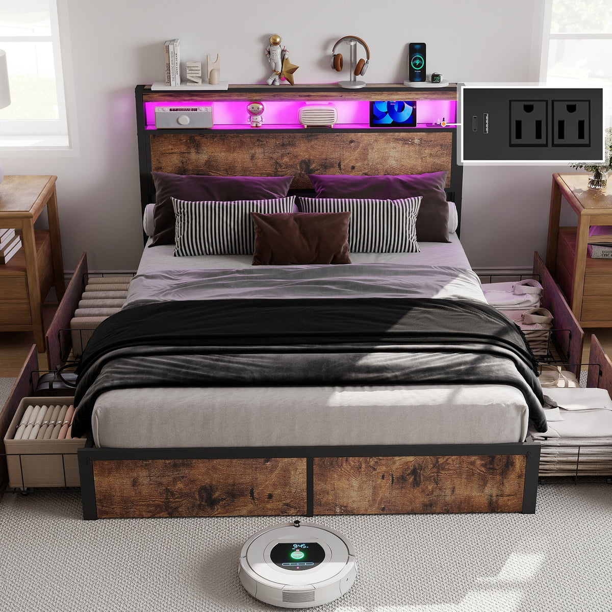 Wood-Grain Platform Storage Bed with Four Drawers, RGB LED Lights and Charging Station - Sonkuki