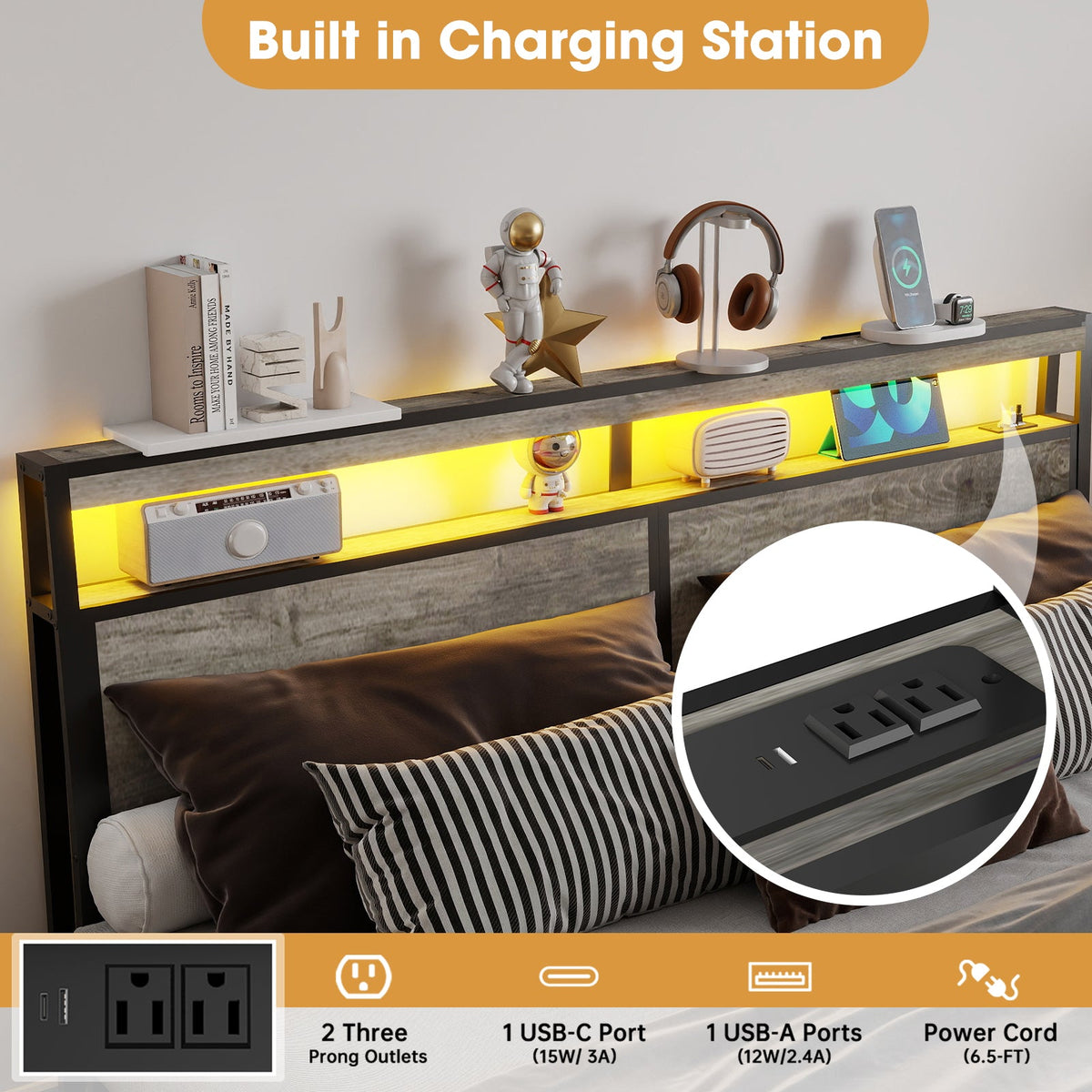 Wood-Grain Platform Storage Bed with Four Drawers, RGB LED Lights and Charging Station - Sonkuki