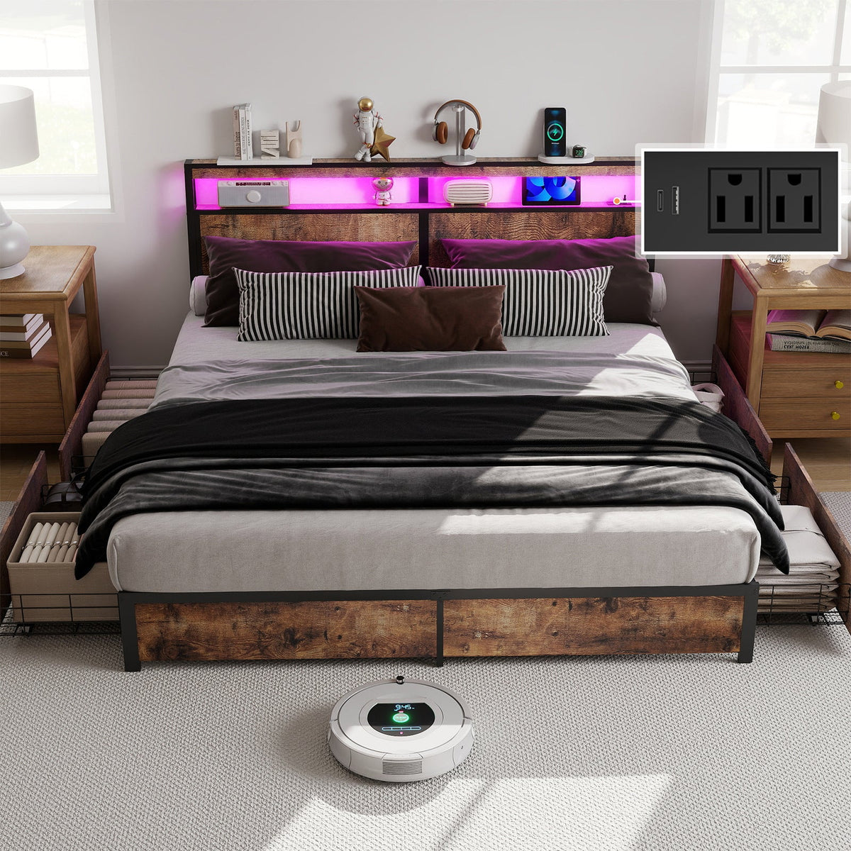 Wood-Grain Platform Storage Bed with Four Drawers, RGB LED Lights and Charging Station - Sonkuki