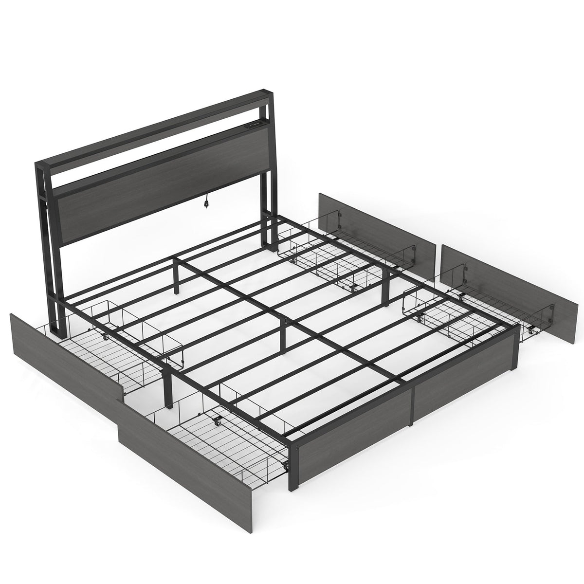 Wood-Grain Platform Storage Bed with Four Drawers, RGB LED Lights and Charging Station - Sonkuki