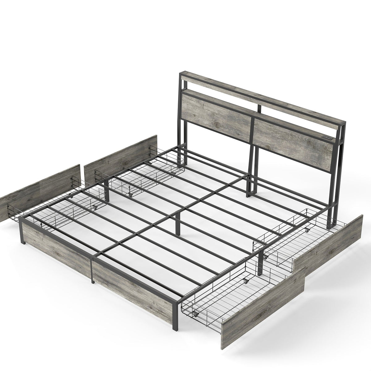Wood-Grain Platform Storage Bed with Four Drawers, RGB LED Lights and Charging Station - Sonkuki