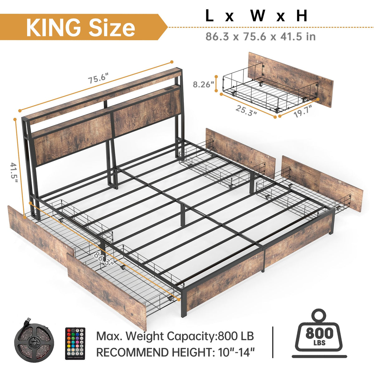 Wood-Grain Platform Storage Bed with Four Drawers, RGB LED Lights and Charging Station - Sonkuki