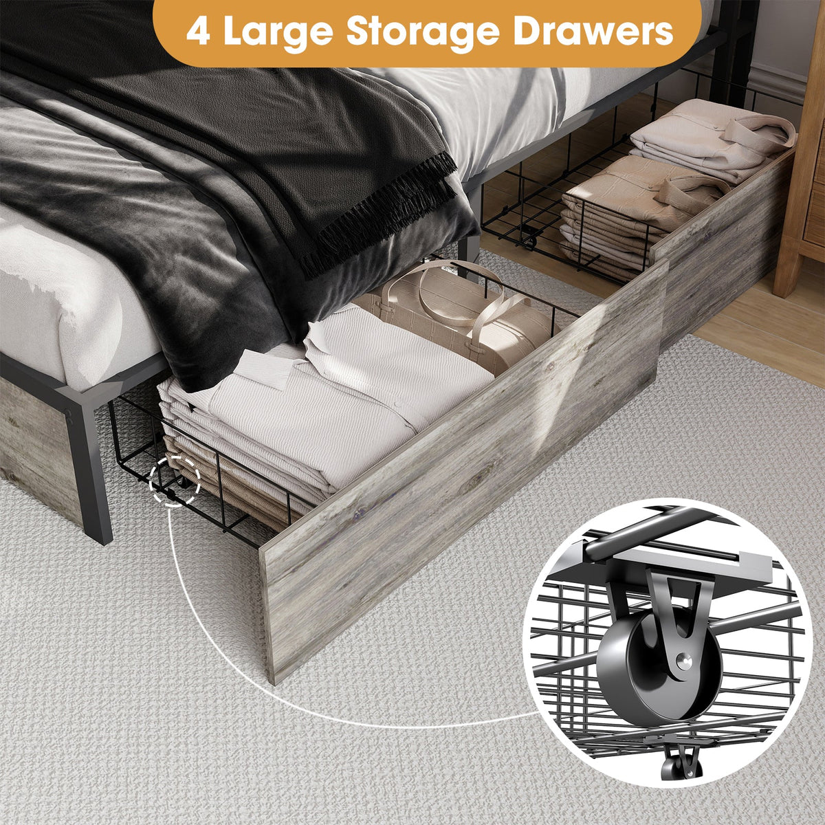 Wood-Grain Platform Storage Bed with Four Drawers, RGB LED Lights and Charging Station - Sonkuki