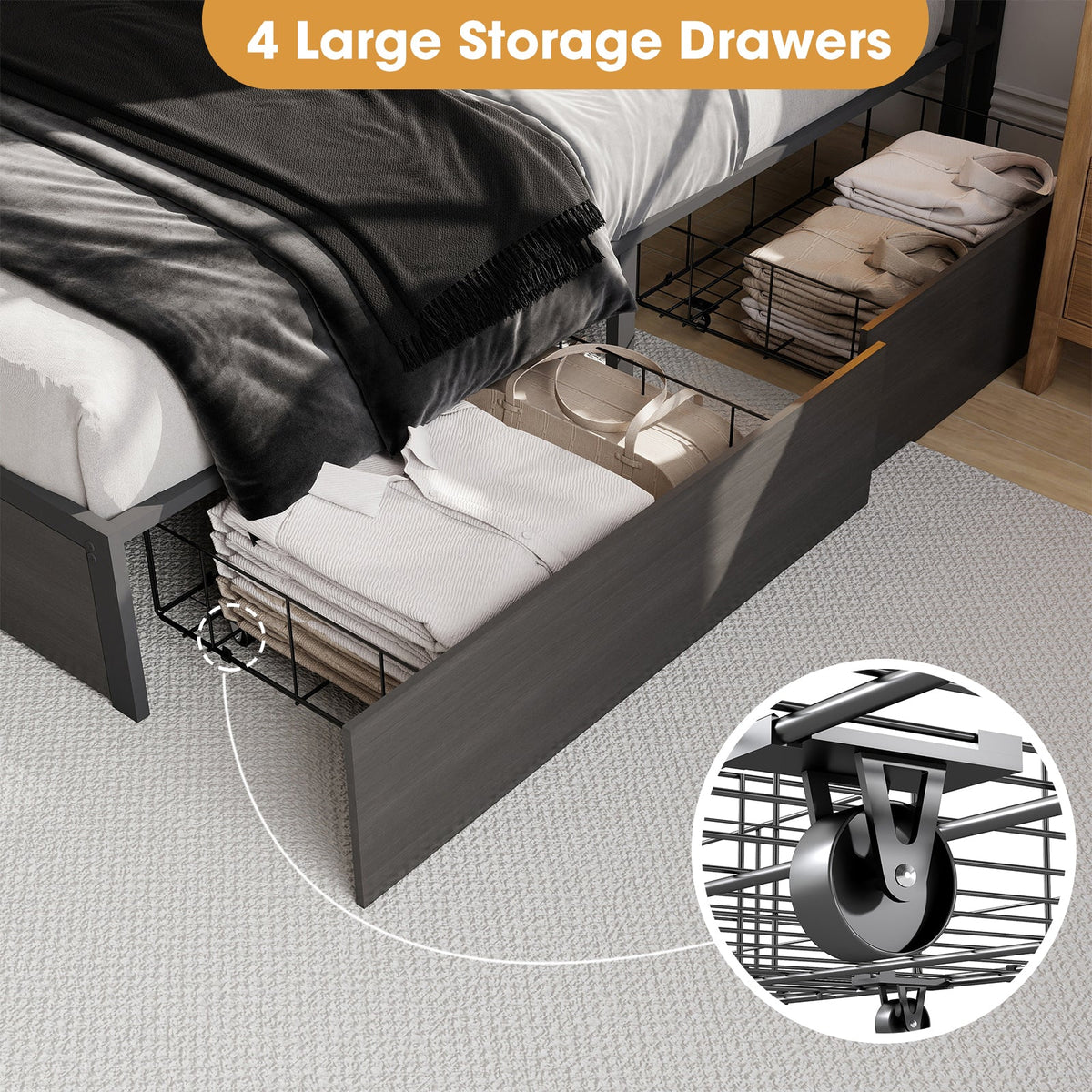 Wood-Grain Platform Storage Bed with Four Drawers, RGB LED Lights and Charging Station - Sonkuki