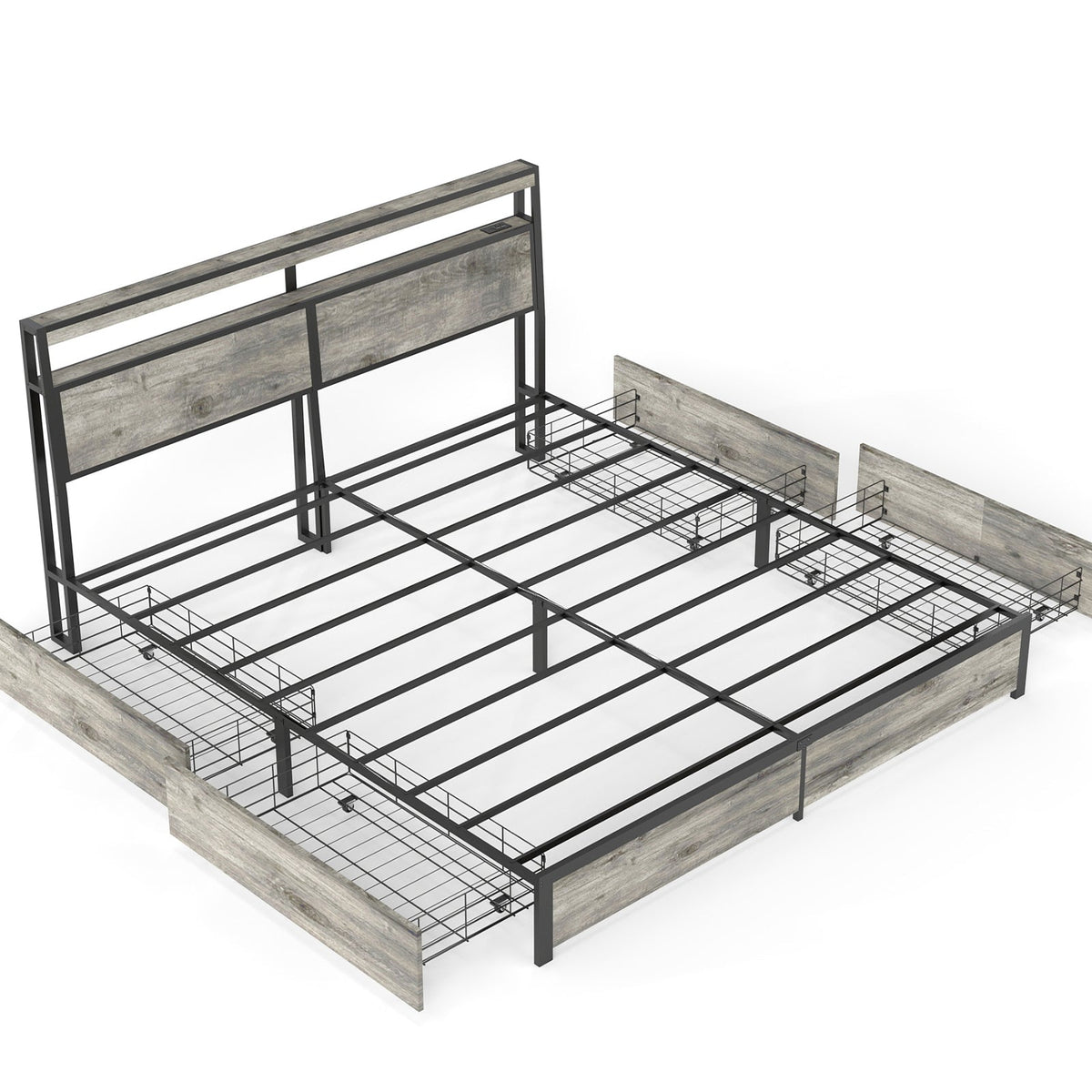 Wood-Grain Platform Storage Bed with Four Drawers, RGB LED Lights and Charging Station - Sonkuki