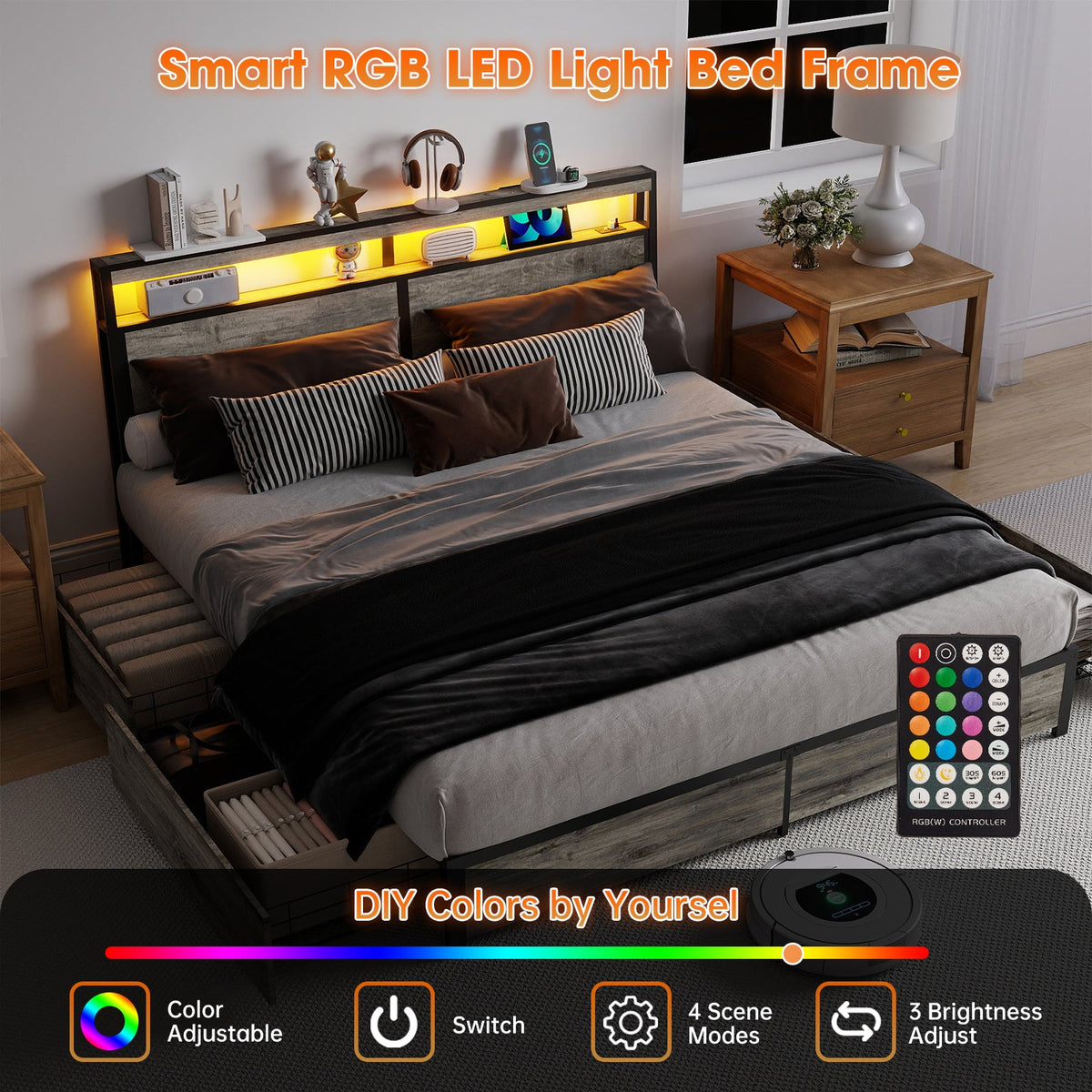 Wood-Grain Platform Storage Bed with Four Drawers, RGB LED Lights and Charging Station - Sonkuki
