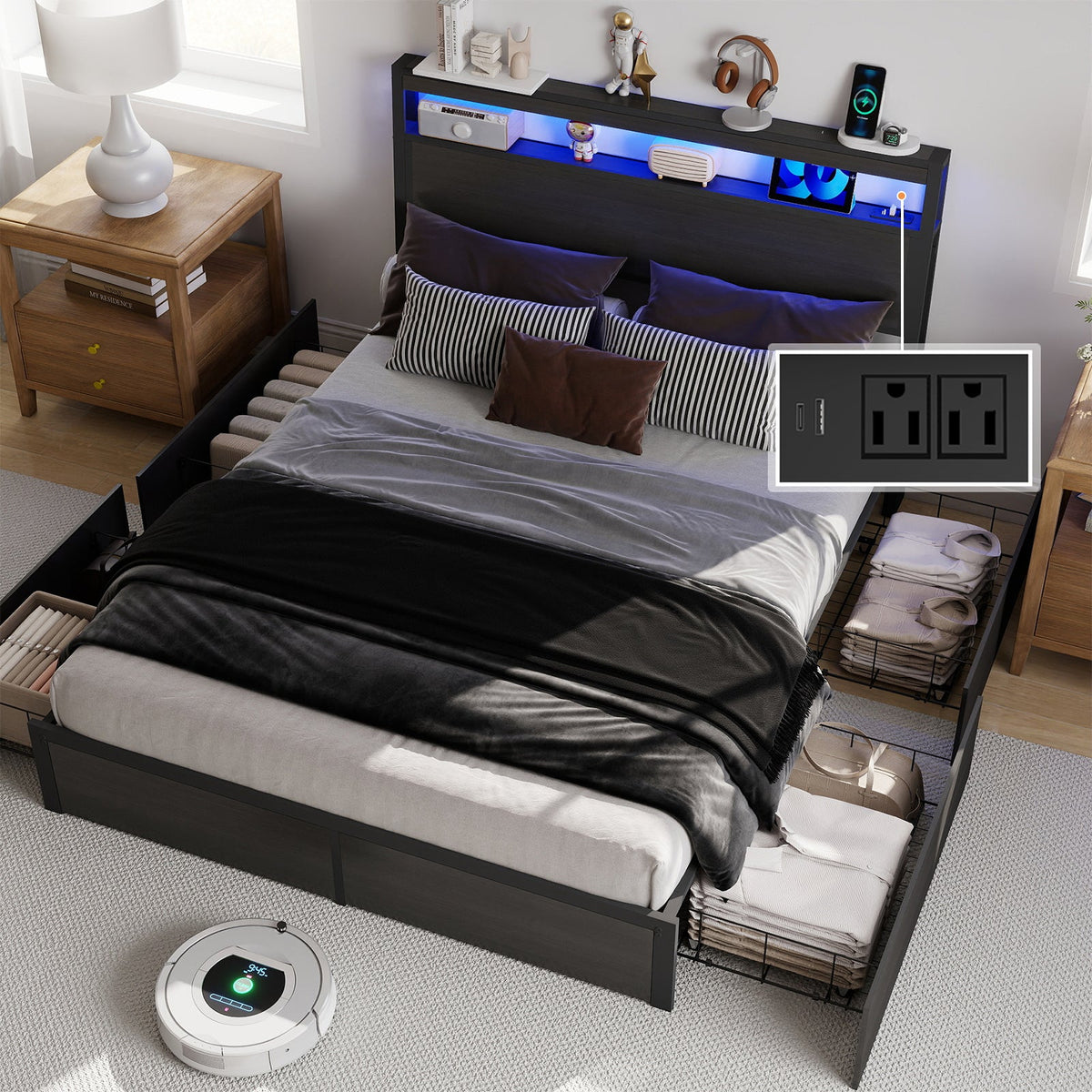Wood-Grain Platform Storage Bed with Four Drawers, RGB LED Lights and Charging Station - Sonkuki