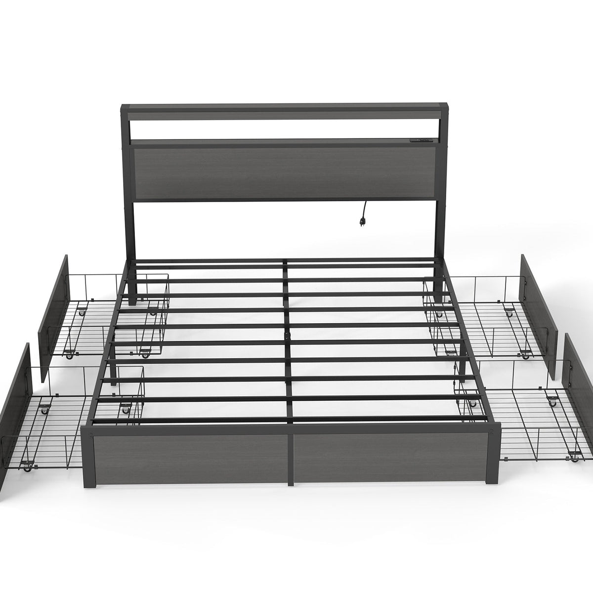 Wood-Grain Platform Storage Bed with Four Drawers, RGB LED Lights and Charging Station - Sonkuki