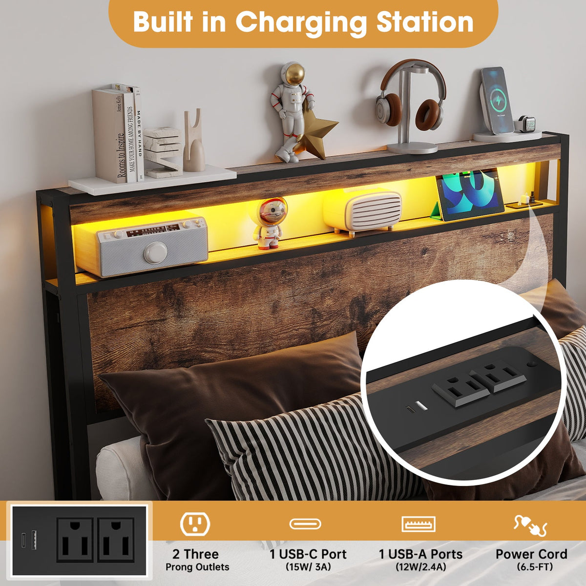 Wood-Grain Platform Storage Bed with Four Drawers, RGB LED Lights and Charging Station - Sonkuki