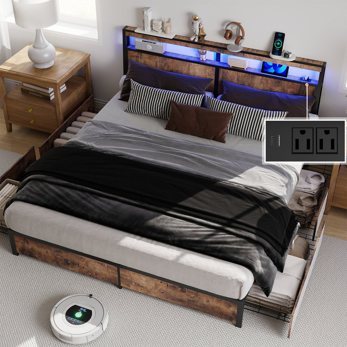 Wood-Grain Platform Storage Bed with Four Drawers, RGB LED Lights and Charging Station - Sonkuki