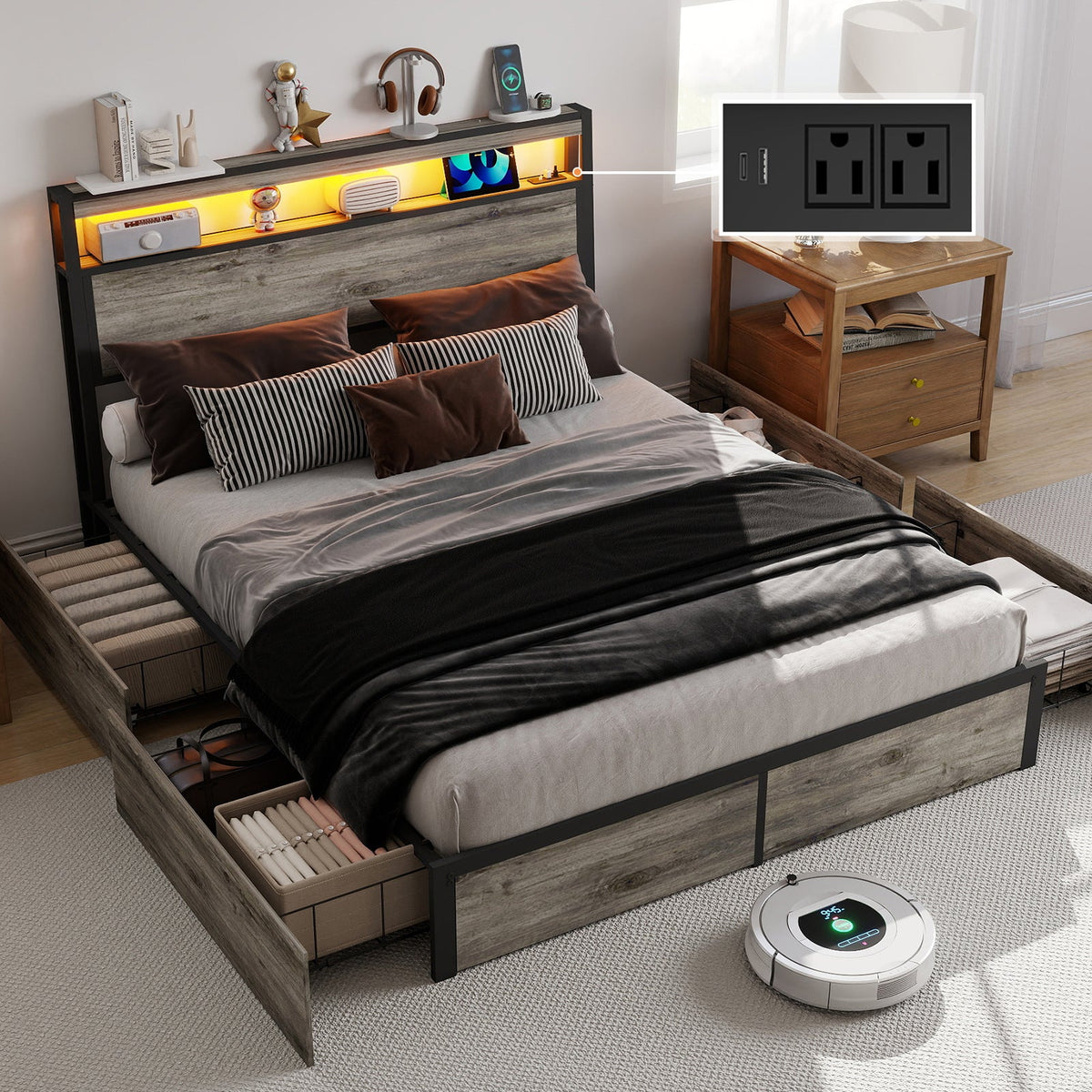 Wood-Grain Platform Storage Bed with Four Drawers, RGB LED Lights and Charging Station - Sonkuki