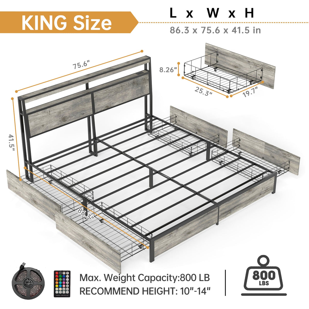 Wood-Grain Platform Storage Bed with Four Drawers, RGB LED Lights and Charging Station - Sonkuki