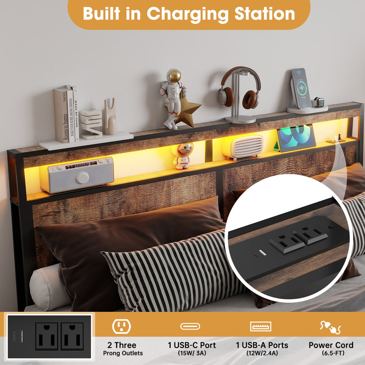 Wood-Grain Platform Storage Bed with Four Drawers, RGB LED Lights and Charging Station - Sonkuki